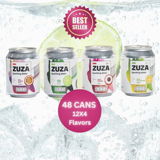 ZUZA Sparkling Water– 48 Cans (4 Flavors x 12 Cans) แพ็คใหญ่ 48 กระป๋อง (4 รสชาติ 12 กระป๋อง/รสชาติ)