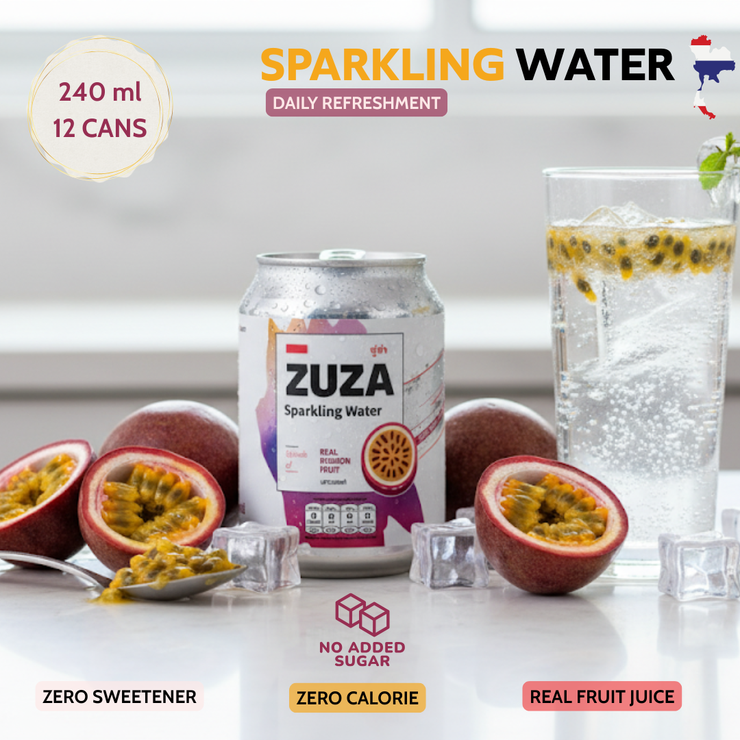 ZUZA Passion Fruit Sparkling Water | Real Thai Passion Fruit Juice, No Added Sugar | 12 Cans, 240ml