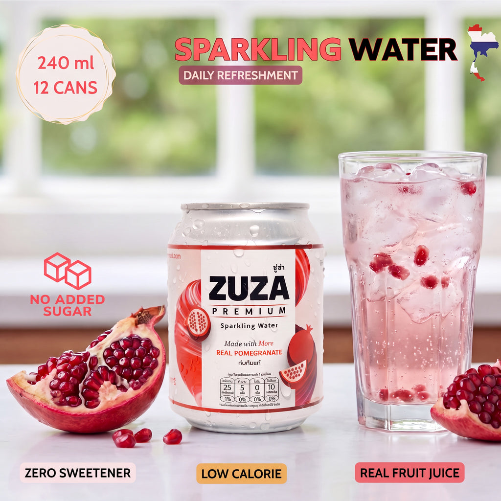 ZUZA Premium Pomegranate Sparkling Water | Real Pomegranate Juice, No Added Sugar | 12 Cans, 240ml
