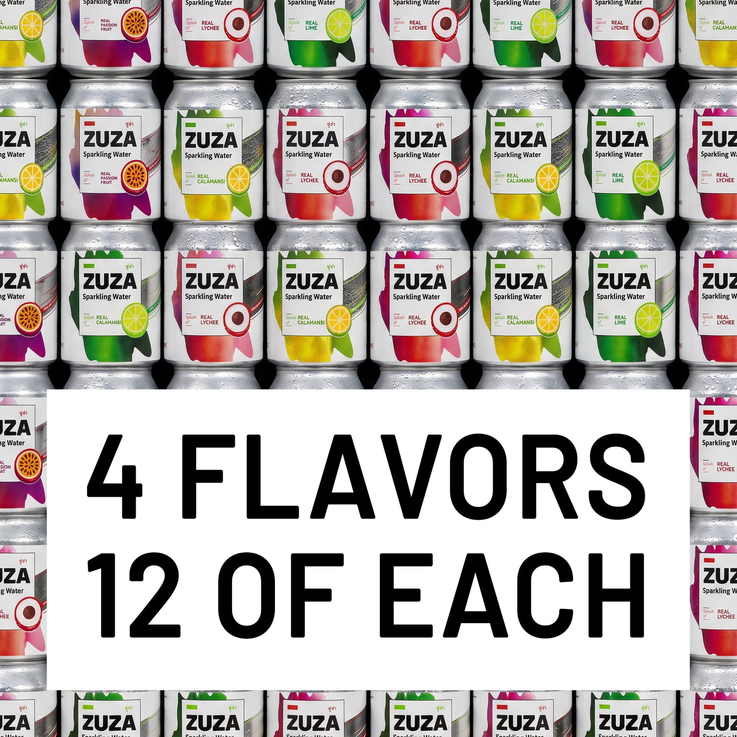 ZUZA Sparkling Water Variety Pack | 4 Flavors x 12 Cans, No Added Sugar | 48 Cans, 240ml