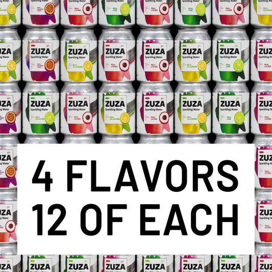 ZUZA Sparkling Water Variety Pack | 4 Flavors x 12 Cans, No Added Sugar | 48 Cans, 240ml