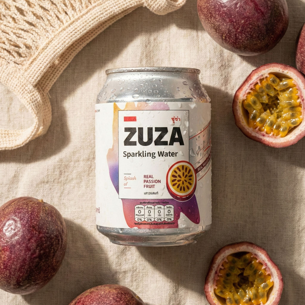 ZUZA Passion Fruit Sparkling Water | Real Thai Passion Fruit Juice, No Added Sugar | 12 Cans, 240ml